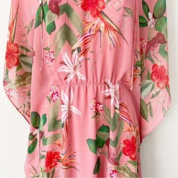 Express pink floral sheer chiffon cinched waist dress M - Picture 7 of 15